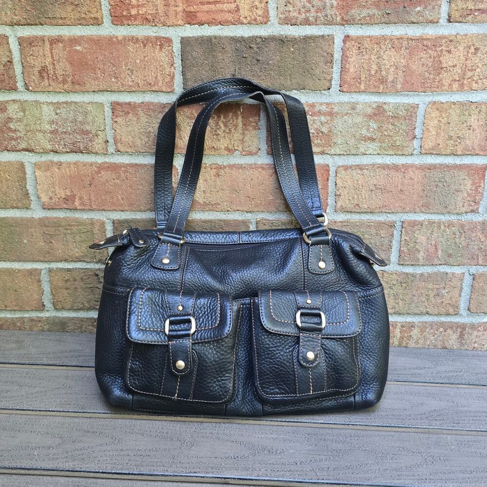 Black Fossil Purse Pebbled Leather Double Handle Satchel Exterior Pockets y2k